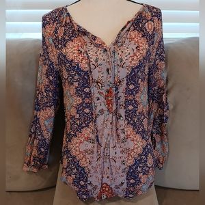 Lucky Brand Blue and Purple Pleated 3/4 Sleeve Blouse